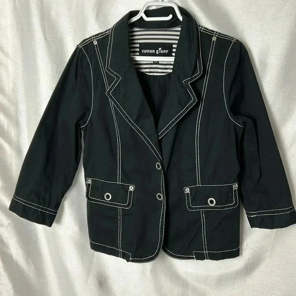 COTTON GINNY  Y2K cropped cotton black blazer,fitted , round snaps ,white trim - Picture 1 of 15